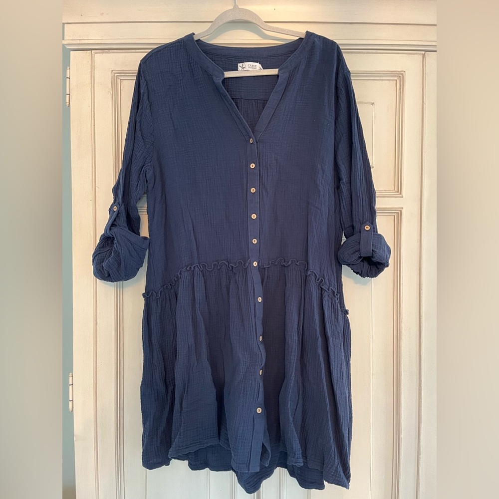 Navy Button-Front Gauze Shirt Dress